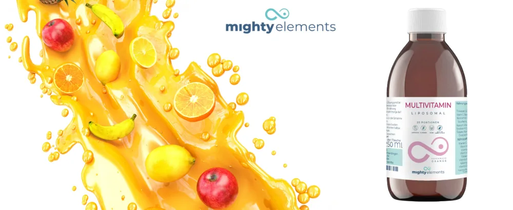 Mighty Elements Liposomal Silicon 200mg liquid great taste vegan very high bioavailability 250 ml glass bottle - Multivitamin Banner