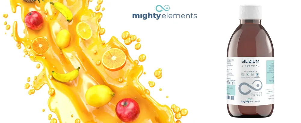 Mighty Elements Liposomal Silicon 200mg liquid great taste vegan very high bioavailability 250 ml glass bottle - Silizium Banner