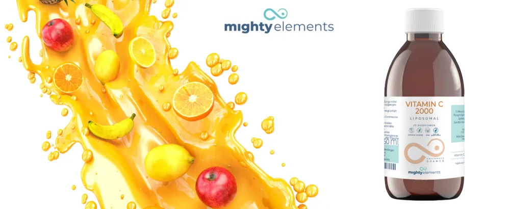 Mighty Elements Liposomal Silicon 200mg liquid great taste vegan very high bioavailability 250 ml glass bottle - Vitamin C 2000 Banner