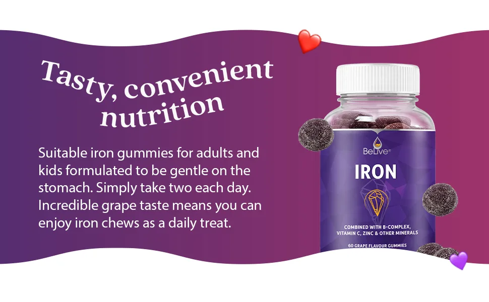 BeLive Iron Gummies - Grape - 60 GUMMIES - Suitable for adults and children