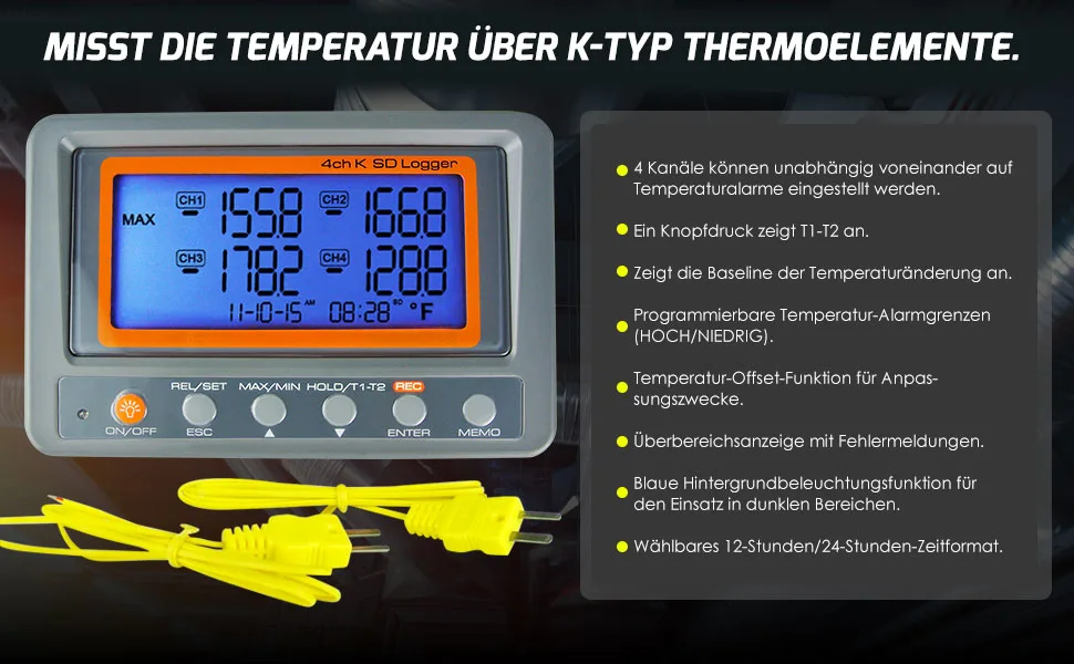 4-channel K type thermometer SD card data logger thermocouple temperature + 2 bead type K thermocouple probe (Main Unit A0188598) - Thermoelement