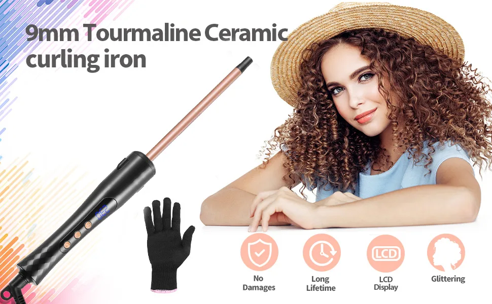 Lockenstab Small curls Haglater Mini Lockenstab 9mm 80-230 Ceramic curling iron 40s Fast heating temperature adjustable with glove - 9mm Tourmaline Ceramic Curling Iron
