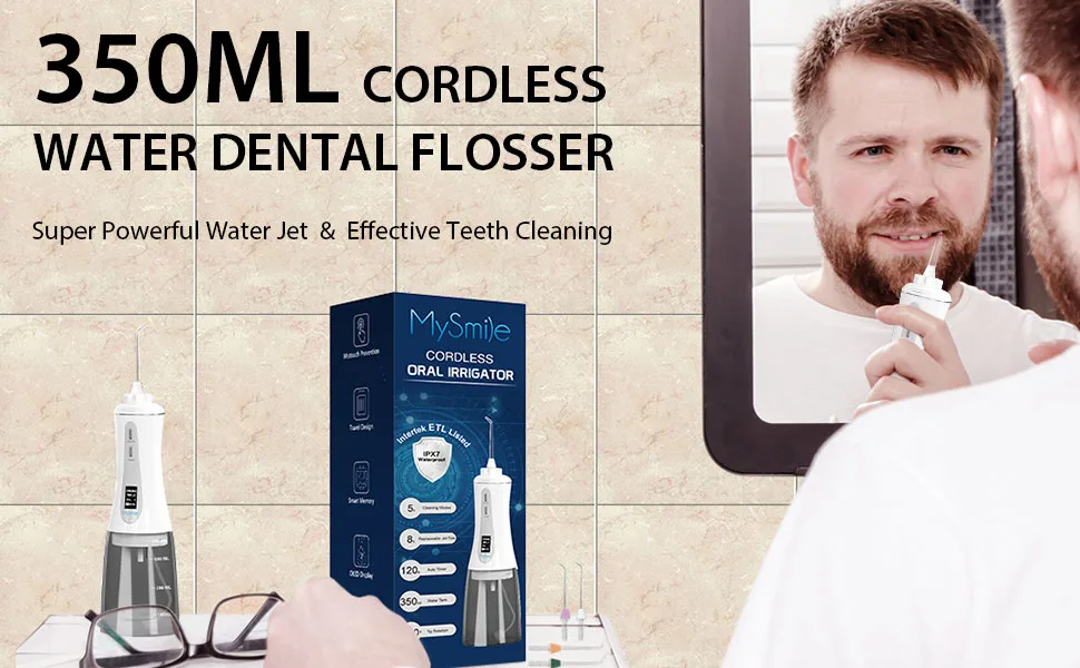 MySmile powerful wireless oral shower portable oral shower with 5 modes OLED display 8 interchangeable nozzle tips and 350 ml of removable water tank for home use (white) - product information 1