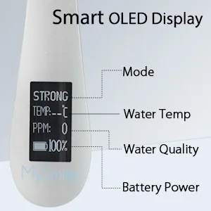 MySmile powerful wireless oral shower portable oral shower with 5 modes OLED display 8 interchangeable nozzle tips and 350 ml of removable water tank for home use (white) - product information 5