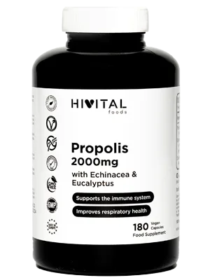 Propolis 2000 mg.180 vegan capsules for 6 months.Propolis extracts with 10% galangin Echinacea with 4% polyphenols and eucalyptus.For the immune system and the airways - Propolis 2000 mg HIVITAL