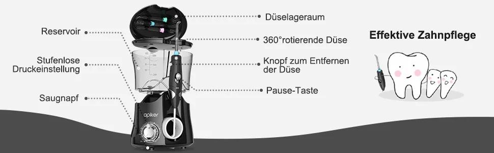 Mundschusche electrically for zan cleaning apiker interdler cleaner Professional water fin with stepless water pressure setting 600ml water tank 8 different function nozzles - black - munddusche