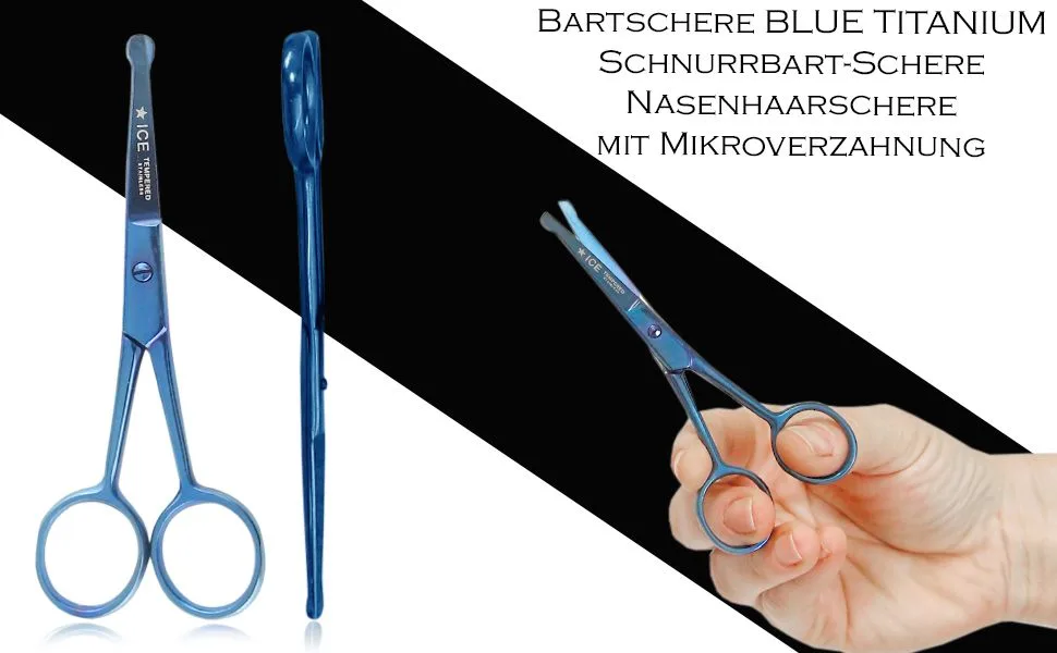 Beard scissors BLUE TITANIUM Moustache scissors Nose hair scissors with micro serration - Bartschere Titan Nasenhaarschere Haarschere mit Mikroverzahnung
