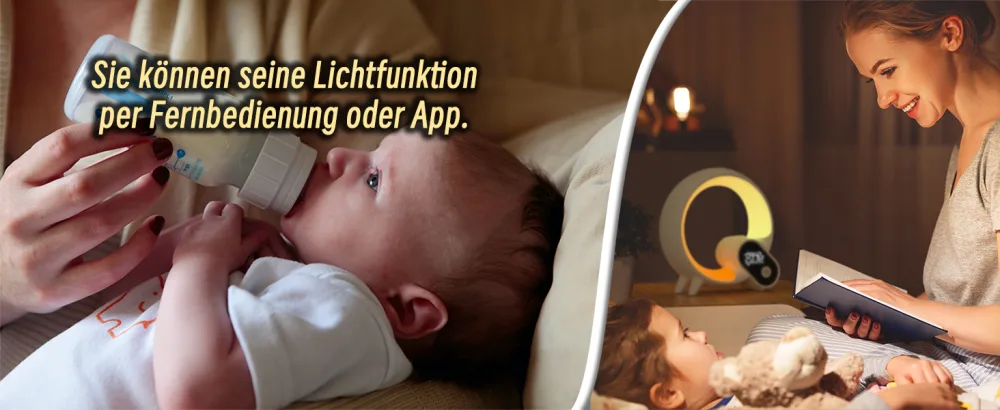 Light alarm clock with app control sunrise simulation 10 alarms & slumber mode with 16 million.Adjustable LED colors 15 natural noises and Bluetooth speakers white V1.2 - Mutter liest ihrem Kind am Bett eine Geschichte vor.
