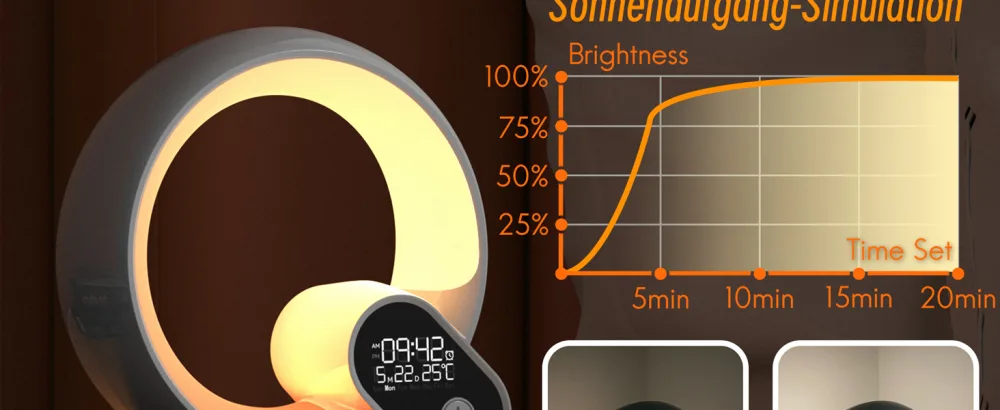 Light alarm clock with app control sunrise simulation 10 alarms & slumber mode with 16 million.Adjustable LED colors 15 natural noises and Bluetooth speakers black V1.3 - Der simulierte Sonnenaufgang und andere Funktionen des Lichtweckers in Kürze 04