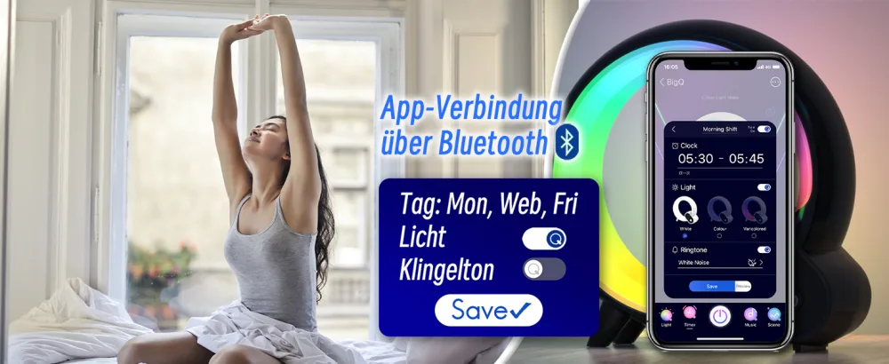 Light alarm clock with app control sunrise simulation 10 alarms & slumber mode with 16 million.Adjustable LED colors 15 natural noises and Bluetooth speakers black V1.3 - Ein Bild von einem Mädchen, das zufrieden aufwacht.