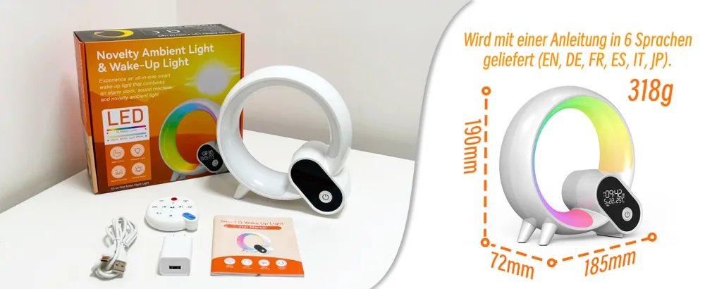 Light alarm clock with app control sunrise simulation 10 alarms & slumber mode with 16 million.Adjustable LED colors 15 natural noises and Bluetooth speakers black V1.3 - Verpackung und Abmessungen.
