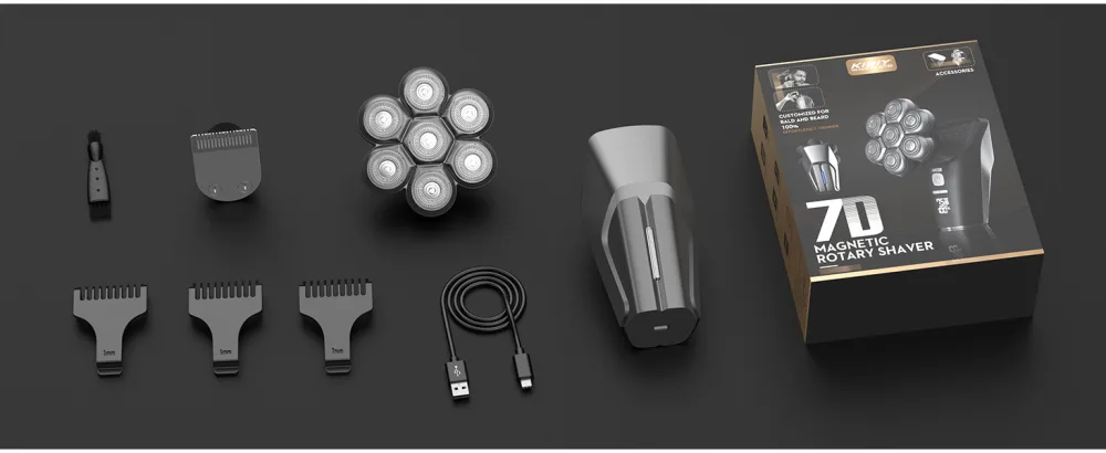 Glatens razor men electrical kibiy head razor with improved magnetic 7 consequential heads IPX7 waterproof head razor for bald head with LED display 3 speeds type-C charge with protective cover - Was Sie erhalten