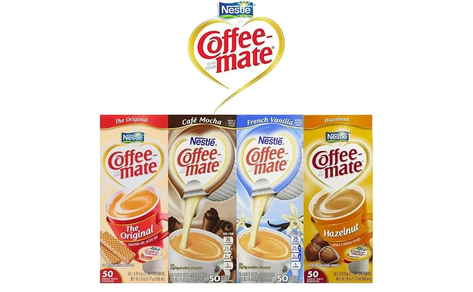 Coffee Mate Liquid .375oz 4 Flavor Variety 200 Count including Original Cafe Mocha French Vanilla & Hazelnut - banner
