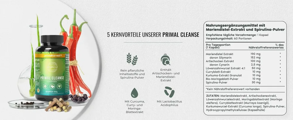 Primal Cleanse body pure - 60 portions (1 capsules per day) - laboratory testing in Germany - Vegan capsule shell - Spirulina Pulver de Cleanse - Module 3 Image 2 Desktop