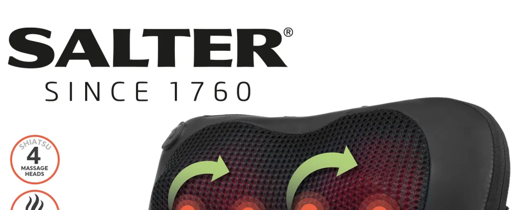 Salter EE6936BLKSTKEU7 Massage pillow with heating function deep-effective shiatsu relaxing neck shoulder back 4 massage attachments UK/EU connector safety timer quiet operation deep-kennel aid - product information 1
