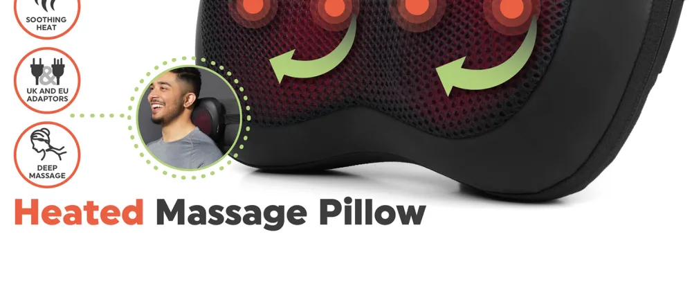 Salter EE6936BLKSTKEU7 Massage pillow with heating function deep-effective shiatsu relaxing neck shoulder back 4 massage attachments UK/EU connector safety timer quiet operation deep-kennel aid - product information 2