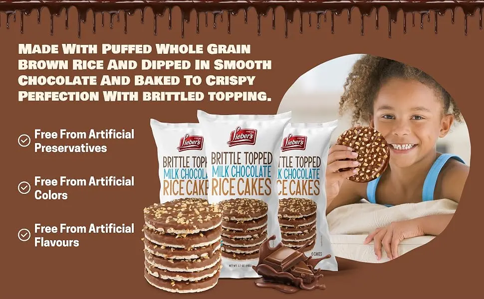 LIEBERS Thin Chocolate Rice Cakes Kosher Certified Dairy and Dairy Free Options Gluten Free Snack (Brittle Topped Milk Chocolate) - made with puffed whole grain brown rice and dipped in smooth chocolate and baked to crispy
