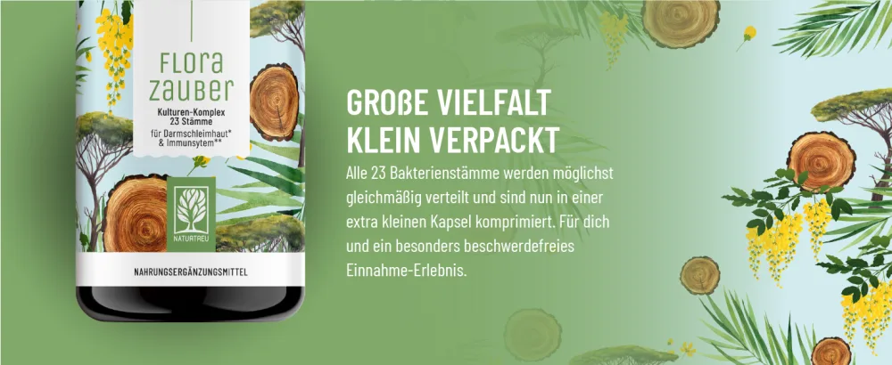NaturTreu Florazauer Cultures Complex gastrointestinal resistant & vegan - 23 bacterial strains without inulin - complex among others with lactobacillus & bifidobacteria 60 capsules - Große Vielfalt klein Verpackt Florazauber