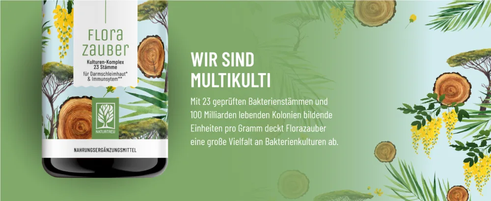 NaturTreu Florazauer Cultures Complex gastrointestinal resistant & vegan - 23 bacterial strains without inulin - complex among others with lactobacillus & bifidobacteria 60 capsules - Multikulti Florazauber