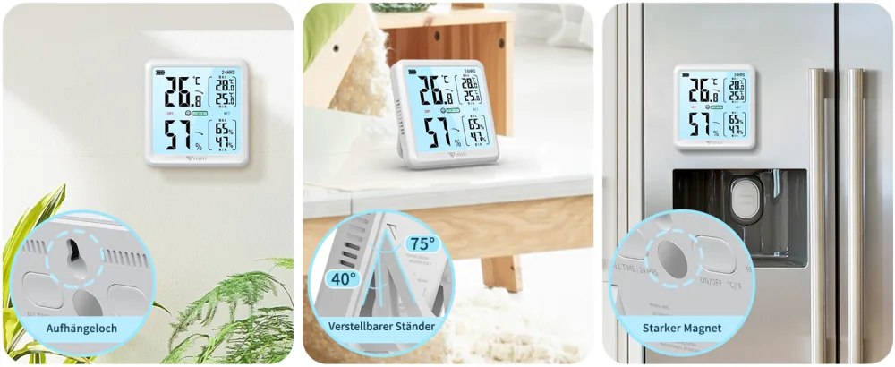 DOQAUS thermometer Hygrometer inside digital thermo-hygrometer 3.05 inch LCD screen with touchable Backlight type C load moisture room thermometer for house office carpentry (white) - Drei Speicheroptionen
