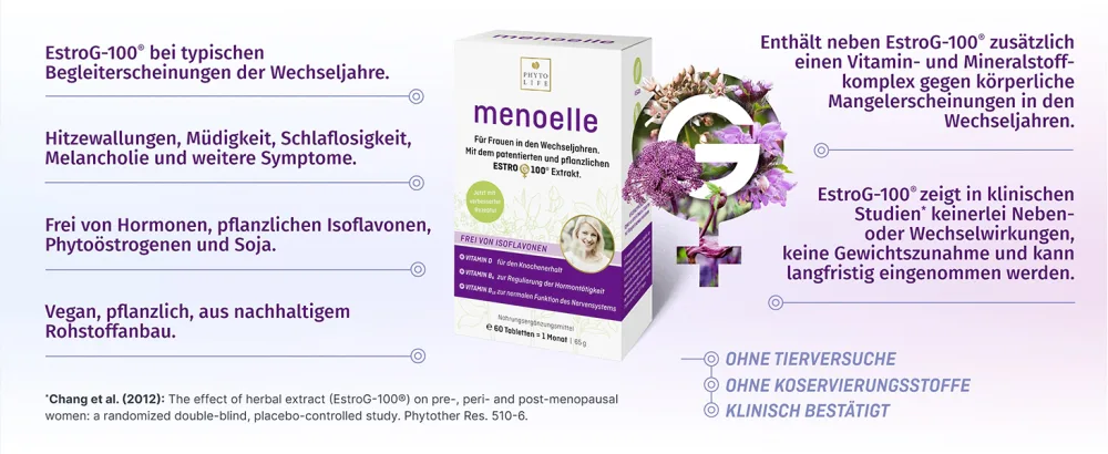 Menoelle menopause tablets vegetable with estrog-100 extract.For hot flashes insomnia and other symptoms.Hormone -free vegan without side effects.60 Tab./ month - menoelle Tabletten Wechseljahre menopause Hitzewallungen Schlaflosigkeit