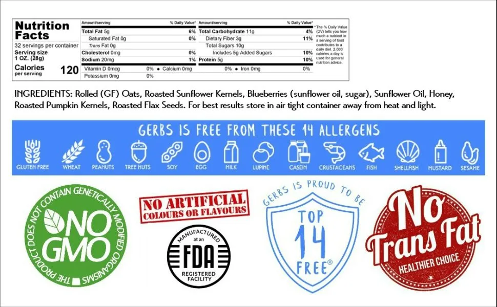 GERBS Dried Blueberry Harvest Granola 32 ounce Bag Top 14 Food Allergy Free NON GMO - Nutritional Panel, Information Ingredients Gerbs Dried Blueberry Granola 2 Pound Serving Size