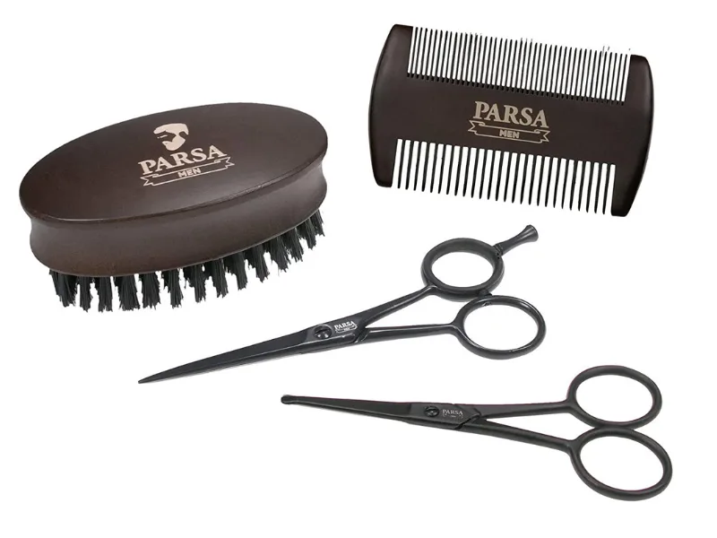 PARSA Men Beard Care Set 4-piece Beard Comb Beard Brush Beard Scissors Nose Hair Scissors the perfect gift for him - Bartpflege Set 4teilig