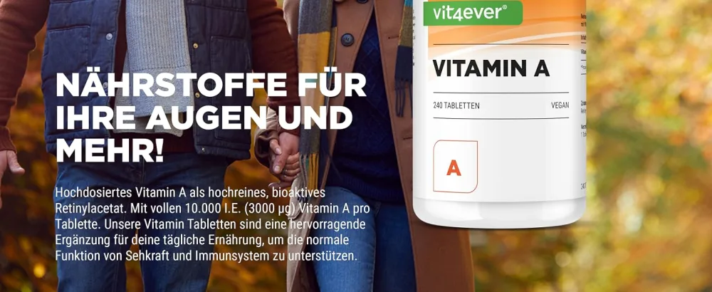 Vitamin A - 10 000 I.E. (3000 g) - 240 tablets - laboratory test (active ingredient content & purity) - retinyl acetate - without undesirable additives - high -dosed - vegan - Vitamin A Vit4ever Tabletten