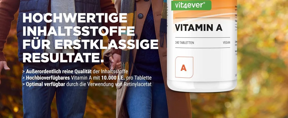 Vitamin A - 10 000 I.E. (3000 g) - 240 tablets - laboratory test (active ingredient content & purity) - retinyl acetate - without undesirable additives - high -dosed - vegan - Vitamin A Vit4ever Tabletten