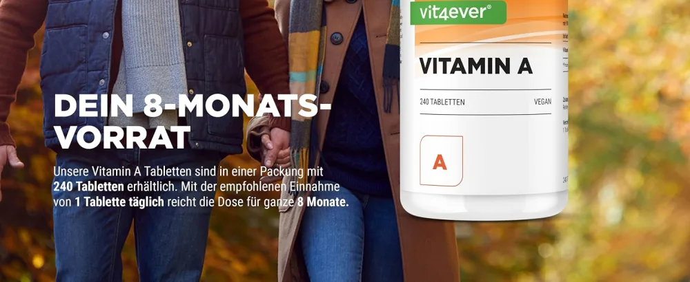 Vitamin A - 10 000 I.E. (3000 g) - 240 tablets - laboratory test (active ingredient content & purity) - retinyl acetate - without undesirable additives - high -dosed - vegan - Vitamin A Vit4ever Tabletten