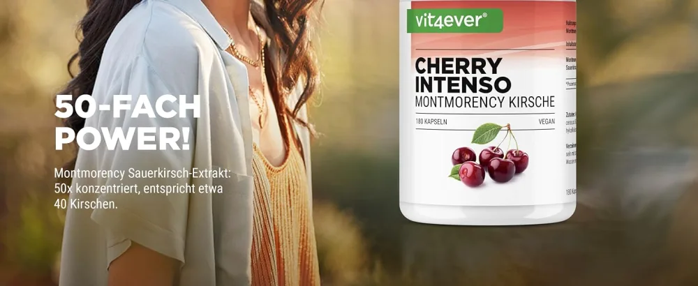 Cherry Intenseo - 180 capsules with 550 mg extract - Premium extract with concentration 50: 1-100% Montmorency Sauer cherry - laboratory test - vegan - high -dosed - Cherry Kapseln vit4ever