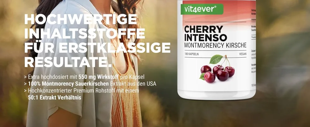 Cherry Intenseo - 180 capsules with 550 mg extract - Premium extract with concentration 50: 1-100% Montmorency Sauer cherry - laboratory test - vegan - high -dosed - Cherry Kapseln vit4ever