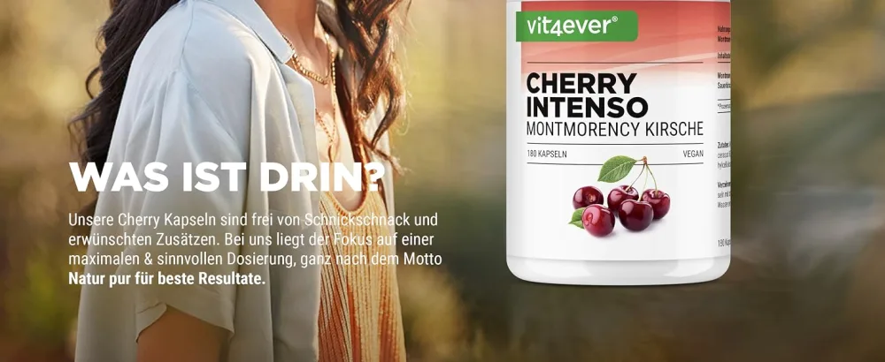 Cherry Intenseo - 180 capsules with 550 mg extract - Premium extract with concentration 50: 1-100% Montmorency Sauer cherry - laboratory test - vegan - high -dosed - Cherry Kapseln vit4ever