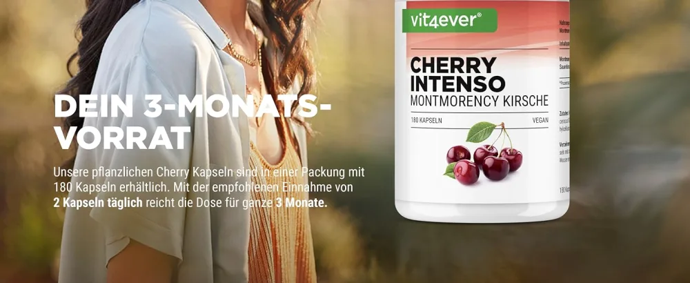 Cherry Intenseo - 180 capsules with 550 mg extract - Premium extract with concentration 50: 1-100% Montmorency Sauer cherry - laboratory test - vegan - high -dosed - Cherry Kapseln vit4ever