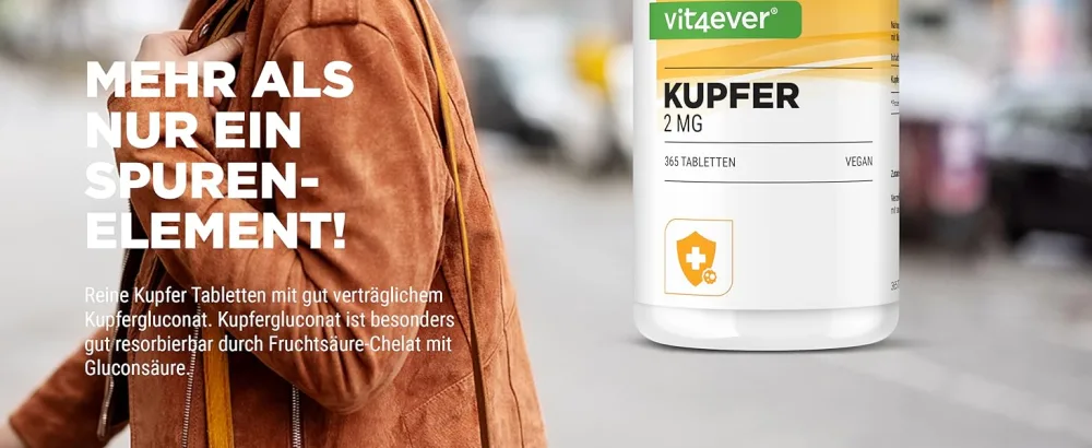 Copper - 365 tablets each with 2 mg - 1 annual supply - laboratory test - High bioavailability - copper gluconate - high -dose - vegan - without undesirable additives - Kupfer Vit4ever Tabletten
