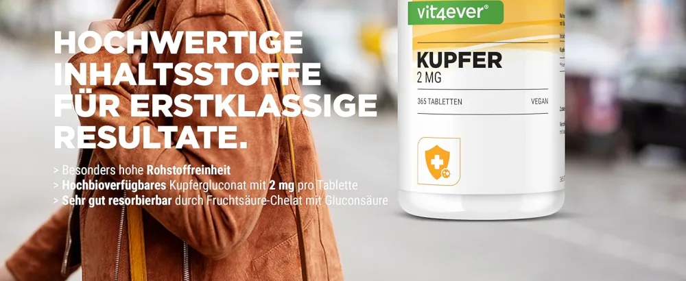 Copper - 365 tablets each with 2 mg - 1 annual supply - laboratory test - High bioavailability - copper gluconate - high -dose - vegan - without undesirable additives - Kupfer Vit4ever Tabletten