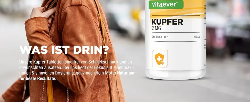 Copper - 365 tablets each with 2 mg - 1 annual supply - laboratory test - High bioavailability - copper gluconate - high -dose - vegan - without undesirable additives - Kupfer Vit4ever Tabletten