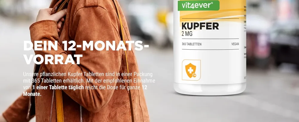 Copper - 365 tablets each with 2 mg - 1 annual supply - laboratory test - High bioavailability - copper gluconate - high -dose - vegan - without undesirable additives - Kupfer Vit4ever Tabletten