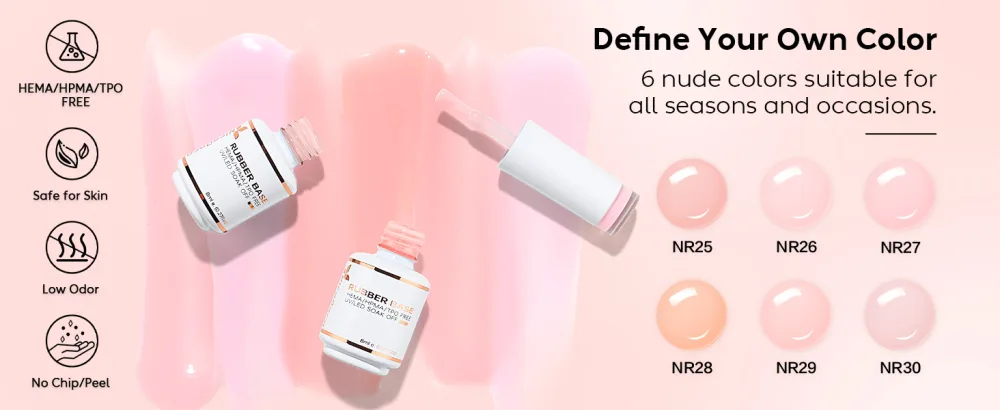 Nicedeco Rubber Base Set 8ml 6 Colors Rubber Base Gel HEMA Free Rubber Gel Nails Soak Off Gel Set 6-37 SET6-37 - product information 24