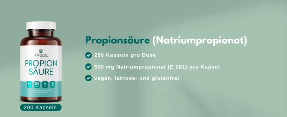 Solvisan Propionic Acid Capsules with Sodium Propionate 500mg - 200 Capsules - pure and vegan - propionsäure solvisan natriumpropionat propion sodium butyrate butyric acid propionat