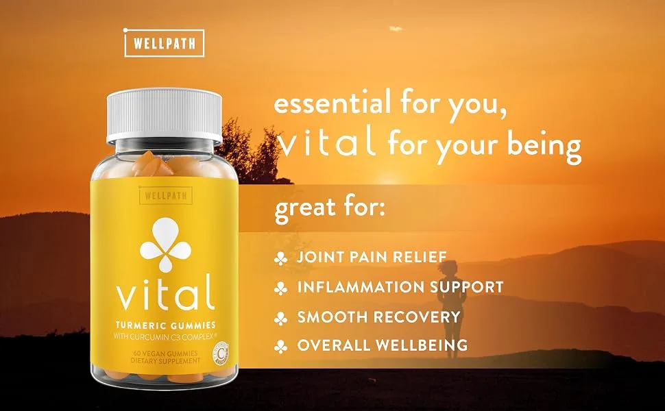 Vital Turmeric Gummies with Curcumin C3 Complex - First Gummy with Curcumin C3 - Turmeric Curcumin with Ginger for Joint and Inflammation Support - Tasty Alternative to Tumeric Capsules - WellPath VITAL