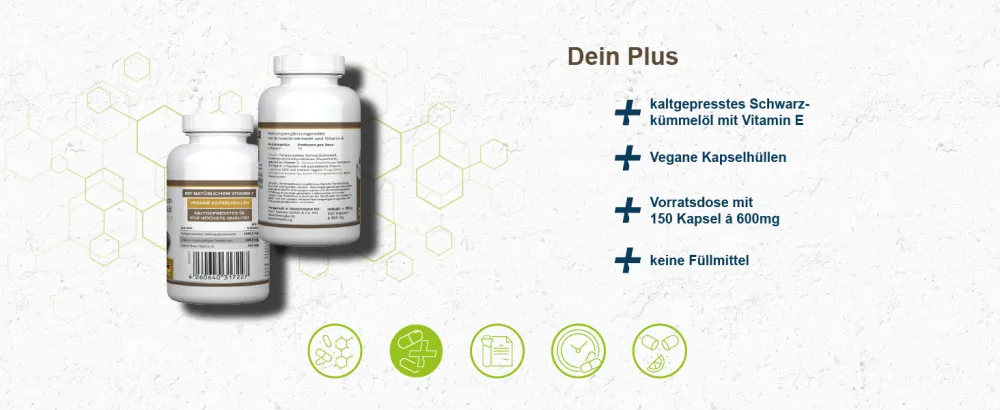 Health+ Black Cumin Oil - 150 capsules with vitamin E - Made in Germany - Dein Plus