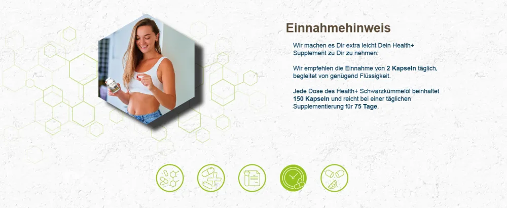 Health+ Black Cumin Oil - 150 capsules with vitamin E - Made in Germany - Einnahmehinweis