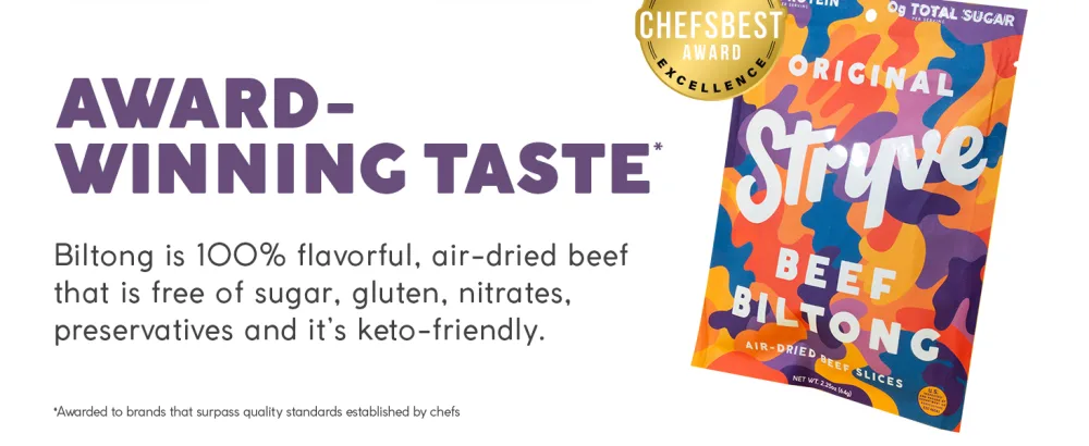 Stryve Original Biltong  Low Fat Low Carb Low Sugar  16g Protein  4 Pack of 2.25oz - stryve beef biltong jerky high protein low sugar sugar free no healthy keto paleo gluten