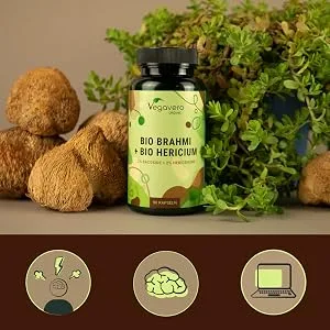 Bio Brahmi + Bio Hericium Vegavero |900 mg Bacopa Monnieri & 500 mg hericium extract |2% bacosides + 2% Hericenone + 20% polysaccharides |Without additives |German production |90 capsules - brahmi hericium