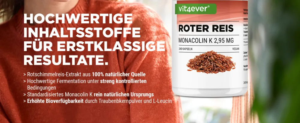 Red rice extract - 240 capsules - Premium Formula: 2.95mg Monacolin K + grape seed powder + L -Leucin - without undesirable additives - laboratory testing - high -dose - vegan - v4e_hochwertige Inhaltsstoffe