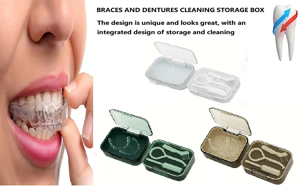Lomso prostheses retainer cleaning set denture container with prosthesis brush portable prosthesis container for storing and soaking retainers travel retainer cleaning (green) - gebissdose