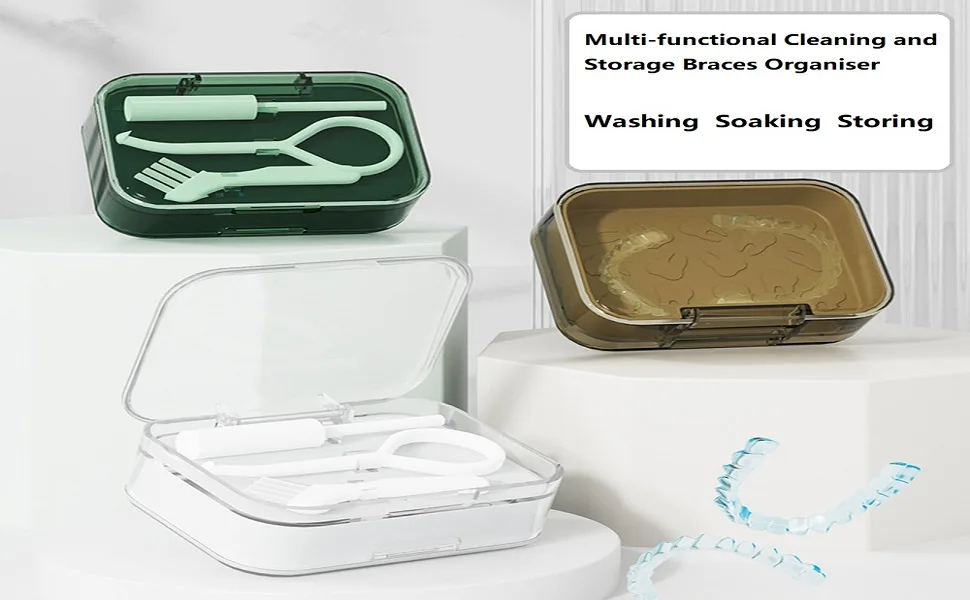 Lomso prostheses retainer cleaning set denture container with prosthesis brush portable prosthesis container for storing and soaking retainers travel retainer cleaning (green) - zahnprothesen behälter