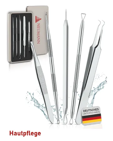 Neumann blackhead remover set (rustproof stainless steel) for removing pimples blackheads & co.- Comedon squeezer lifter remover - Various tools: loops tweezers lancets black black anodized - Neumann Brandstory