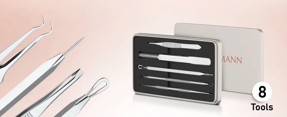 Neumann blackhead remover set (rustproof stainless steel) for removing pimples blackheads & co.- Comedon squeezer lifter remover - Various tools: loops tweezers lancets black black anodized - Neumann Komedonenheber